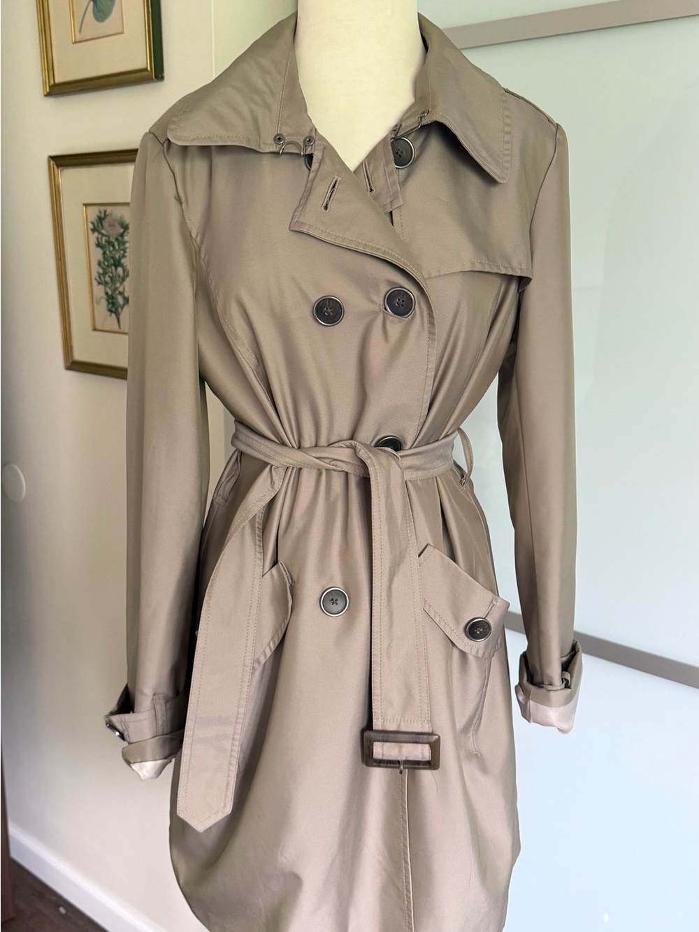 Anne Klein Taupe Double-Breasted Minimalist Trench Coat with Belt M